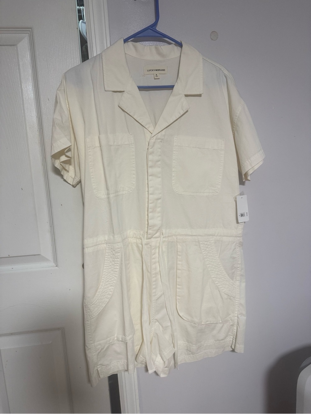 Lucky Brand Cream Short-Sleeve Utility Shirt Jacket Romper